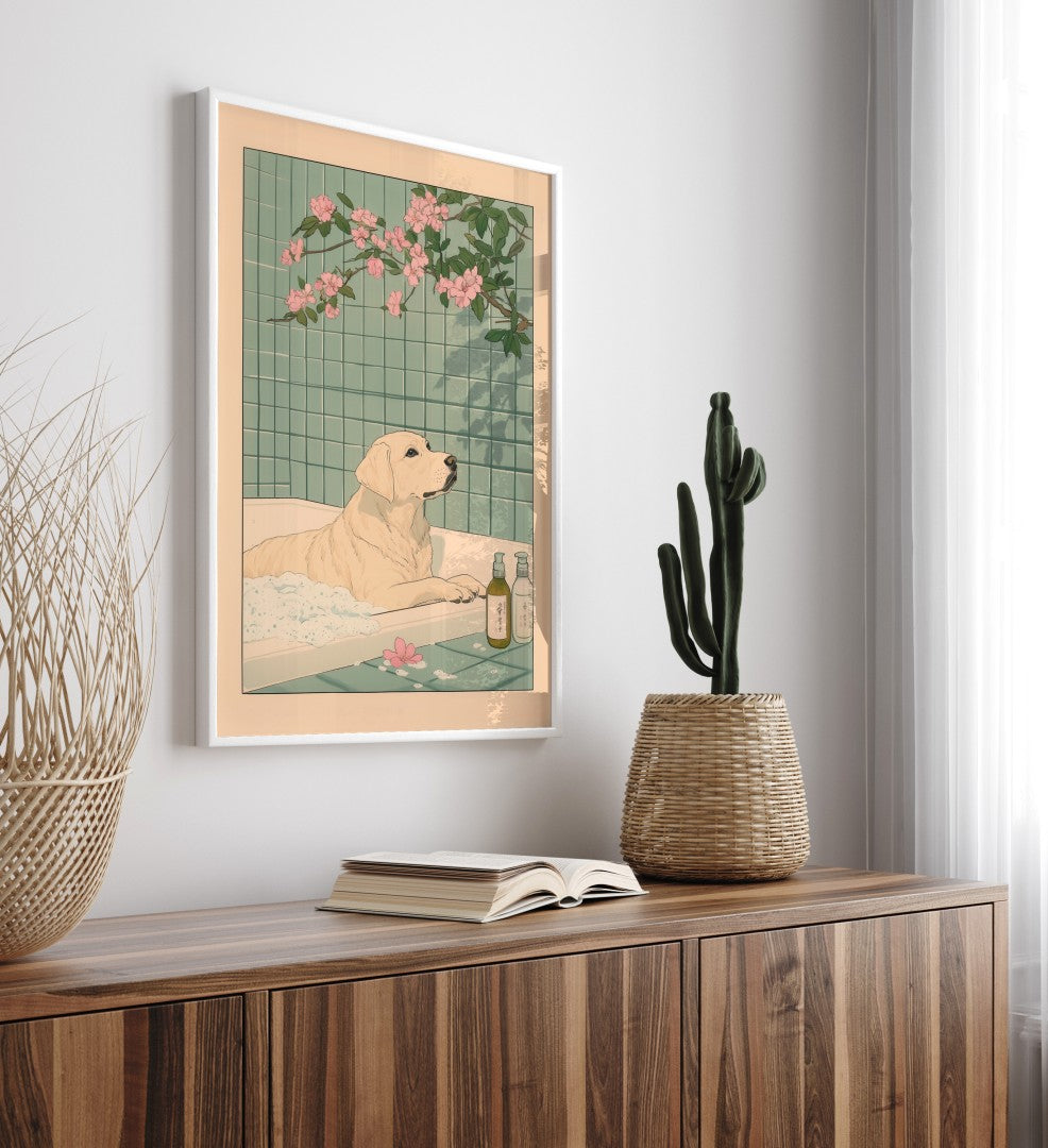 Labrador soaking in a Japanese tub with soap bottles and floral elements