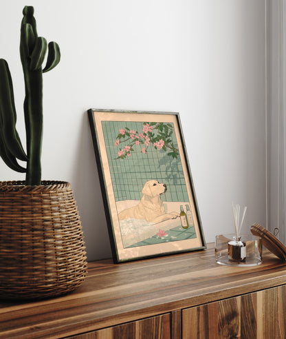 Serene labrador in traditional Japanese bath scene – perfect for bathroom decor