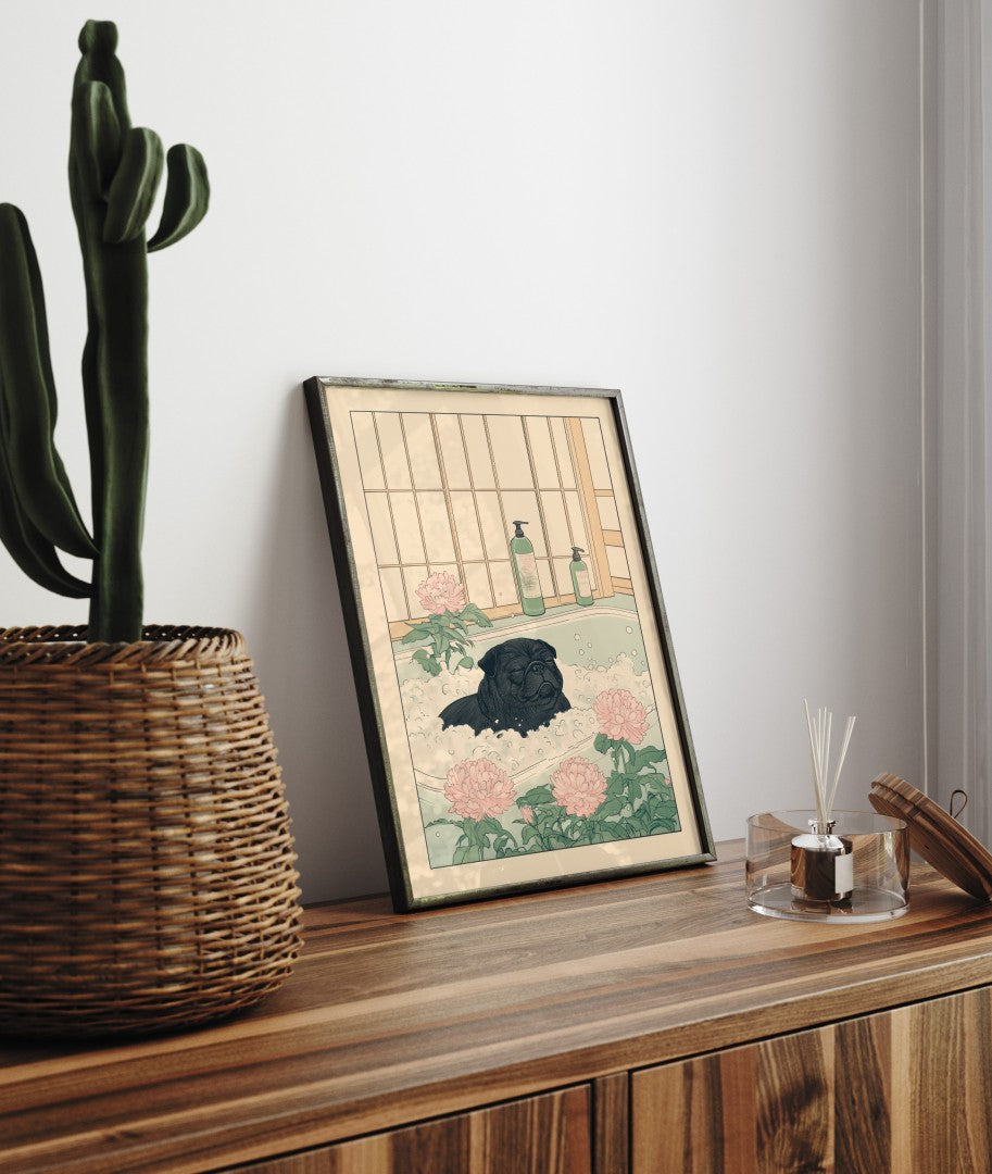 Framed bathroom print of pug in peaceful bath scene with soap bottles