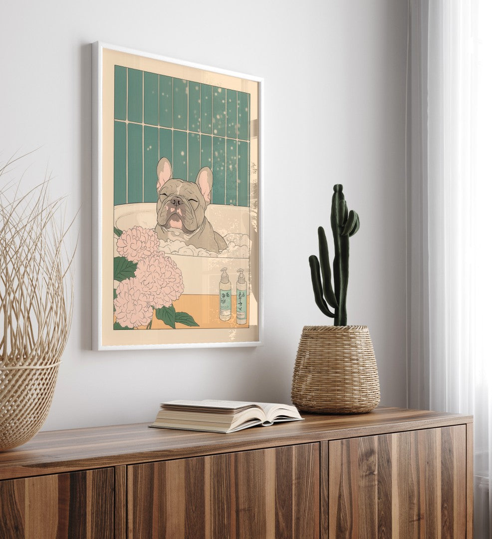 Framed art print of relaxed French bulldog in foamy tub