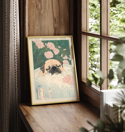 Framed art print showing pug in bubble bath with pink peonies in Japanese style