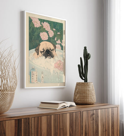 Bathroom framed art print featuring Japanese pug in bathtub surrounded by flowers