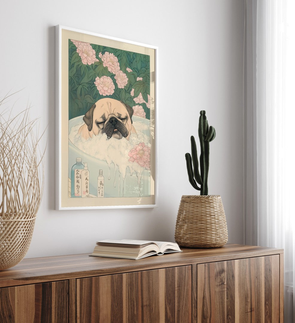 Bathroom framed art print featuring Japanese pug in bathtub surrounded by flowers