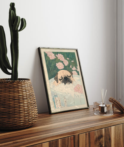 Framed Japanese style bathroom art print of pug in bubble bath with peonies