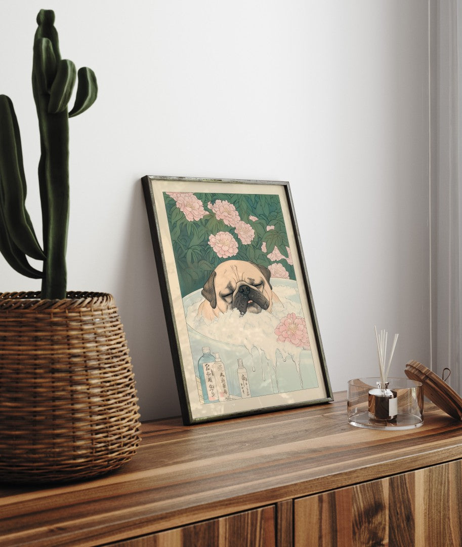 Framed Japanese style bathroom art print of pug in bubble bath with peonies