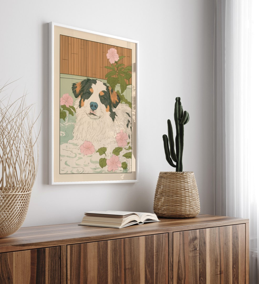 Framed dog print featuring an Australian Shepherd soaking peacefully in a floral bath setting