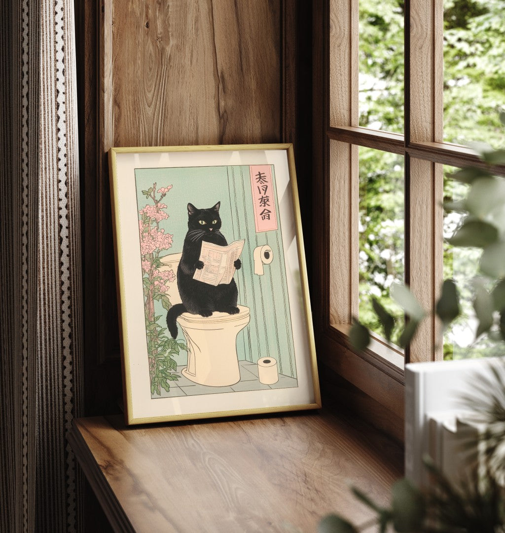 Framed art print showing black cat reading newspaper on toilet in Japanese style