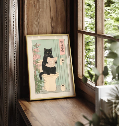 Framed art print showing black cat reading newspaper on toilet in Japanese style