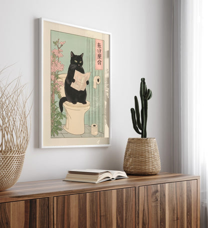 Bathroom framed art print featuring Japanese black cat with floral details
