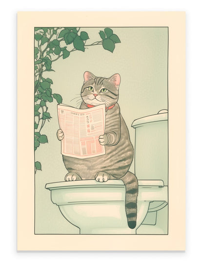 Japanese-style print of a tabby cat sitting on a toilet reading a newspaper

