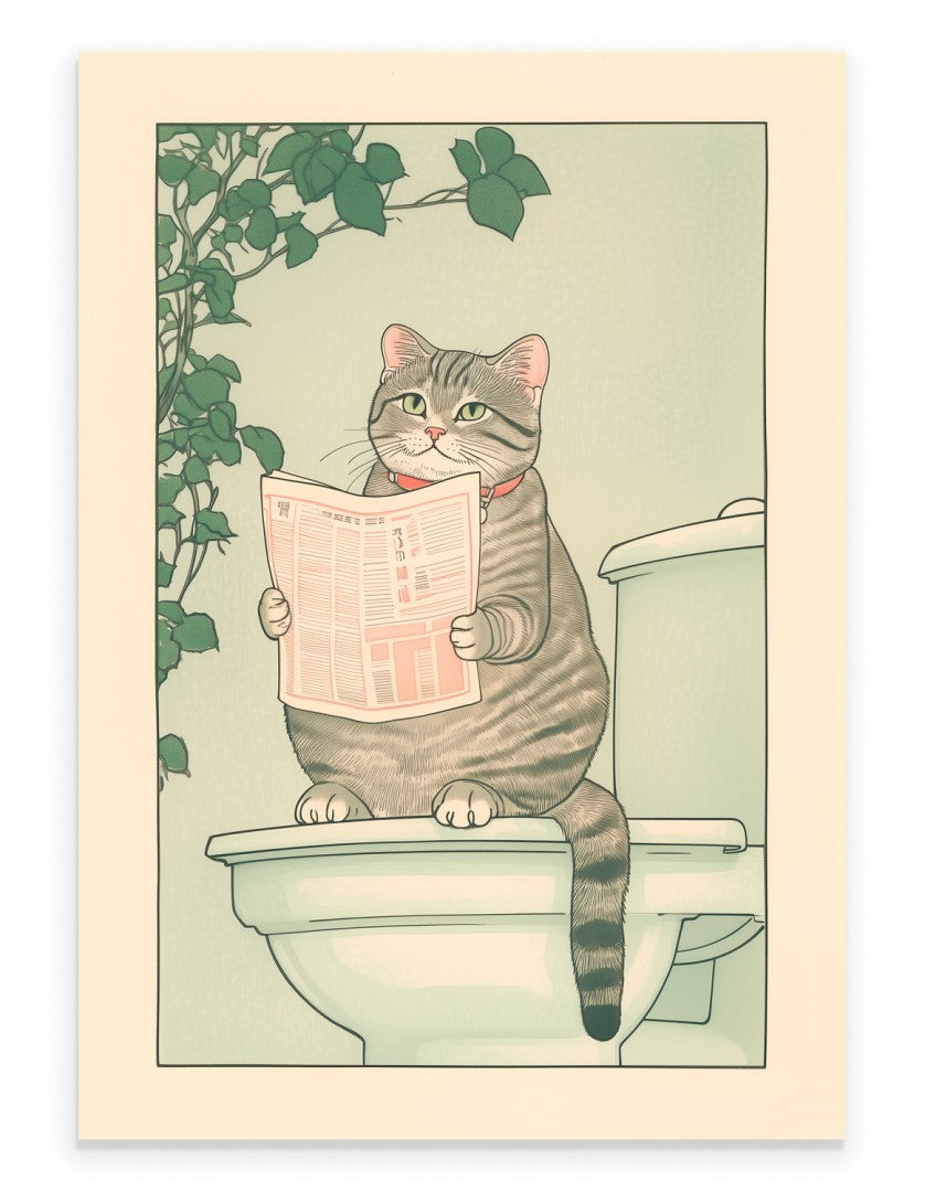 Japanese-style print of a tabby cat sitting on a toilet reading a newspaper

