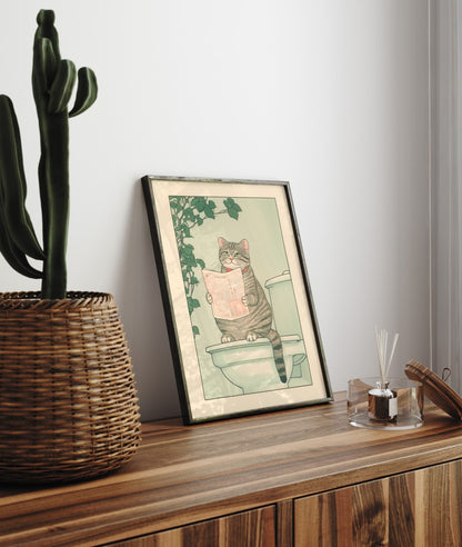 Whimsical bathroom decor featuring a tabby cat reading in a peaceful setting