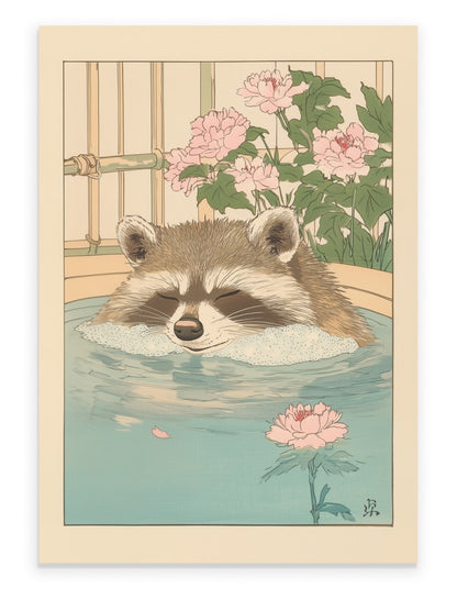Japanese-style art print of a raccoon peacefully floating in a floral bath with bubbles and soft pink flowers