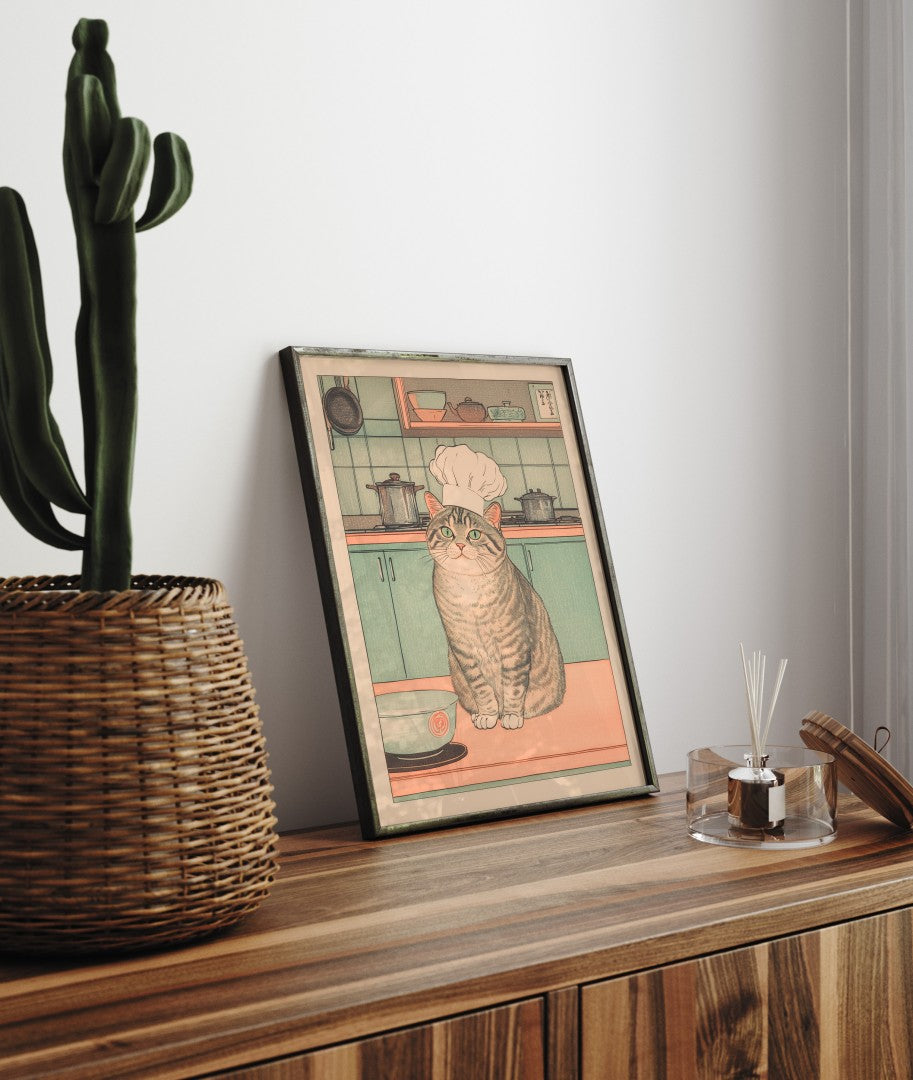 Japanese-inspired grey cat kitchen art print