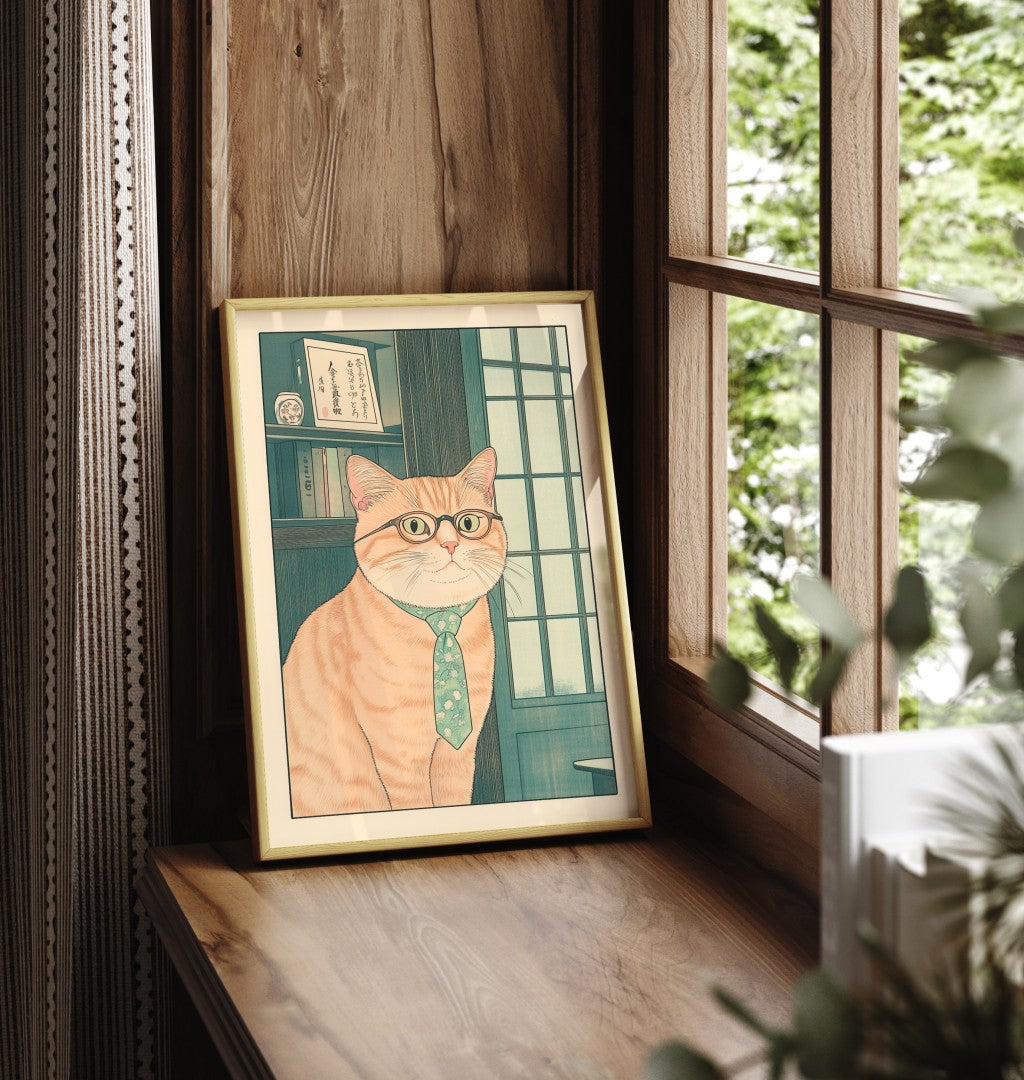 Funny business cat print with bookshelf and window background