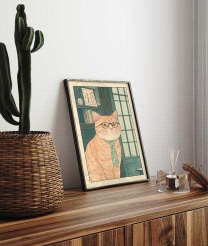 Whimsical cat office decor with glasses and framed documents