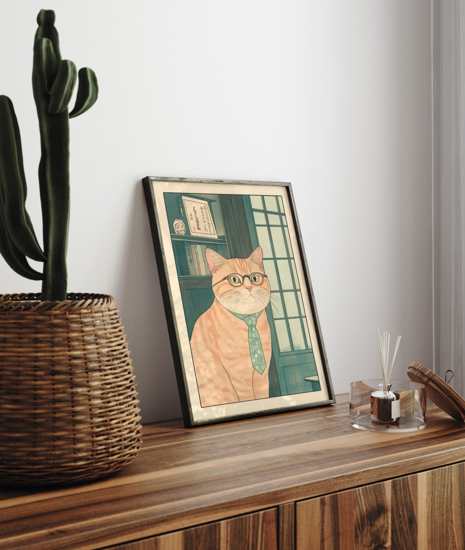 Whimsical cat office decor with glasses and framed documents