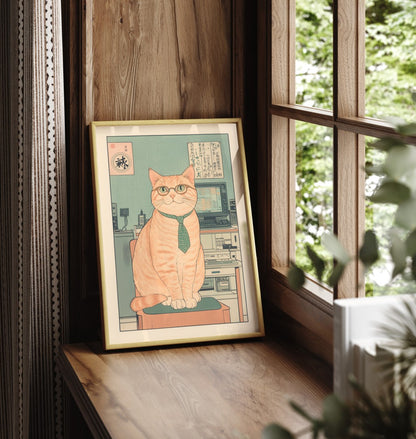 Funny programmer cat in an office with retro tech setup