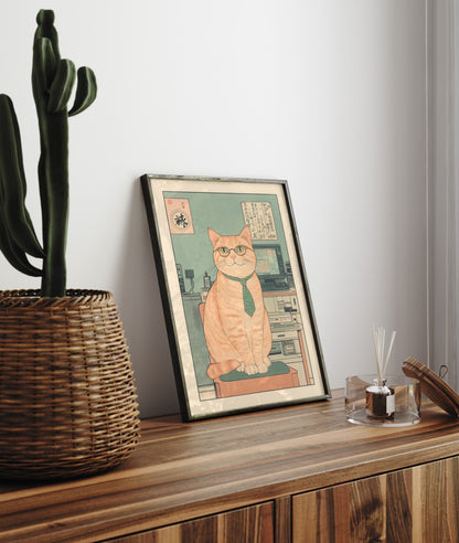 Computer-themed cat wall art with green and beige tones