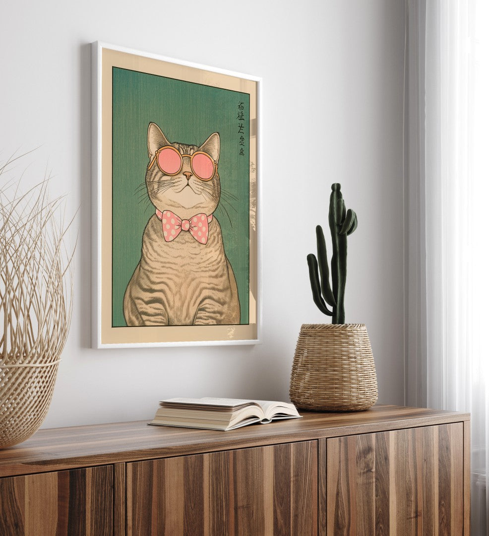 Cool cat with round shades and bow tie on green background