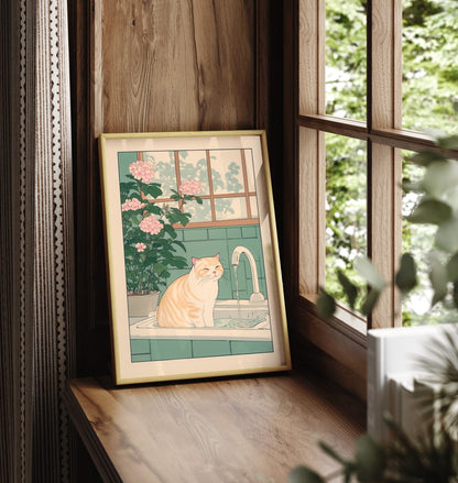 Framed bathroom print of a happy cat in a tub with green tiles and flowers