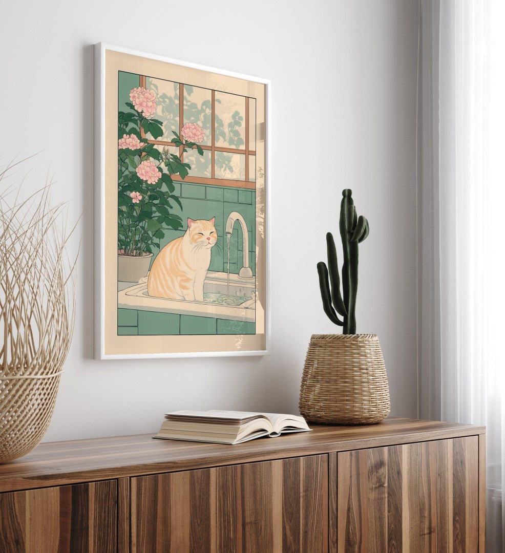 Cat art print featuring a smiling orange tabby enjoying bath time