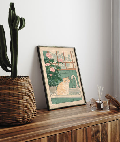 Relaxed orange cat soaking in a tiled bathroom with floral touches