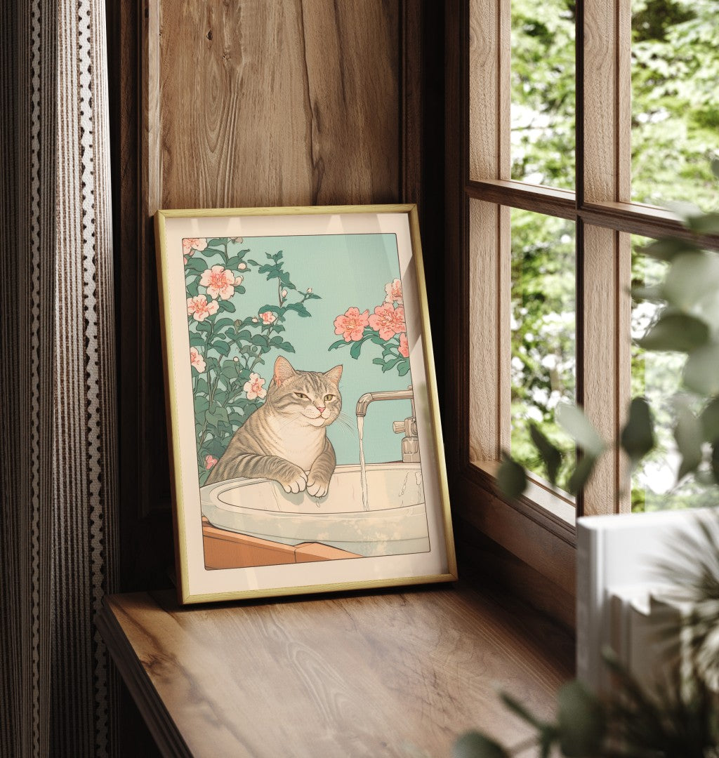 Cat in a bathroom scene with floral background and faucet