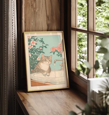 Cat in a bathroom scene with floral background and faucet