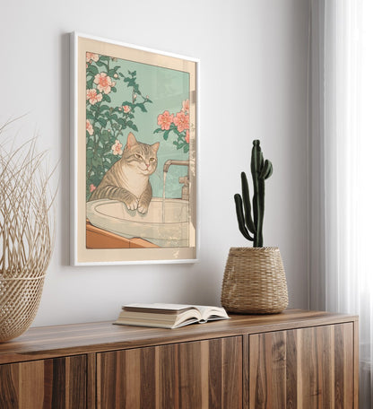 Japanese-style cat art print of a cat at the sink