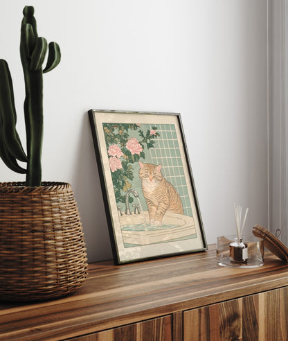 Japanese-style print of tabby cat at the sink washing it's paws