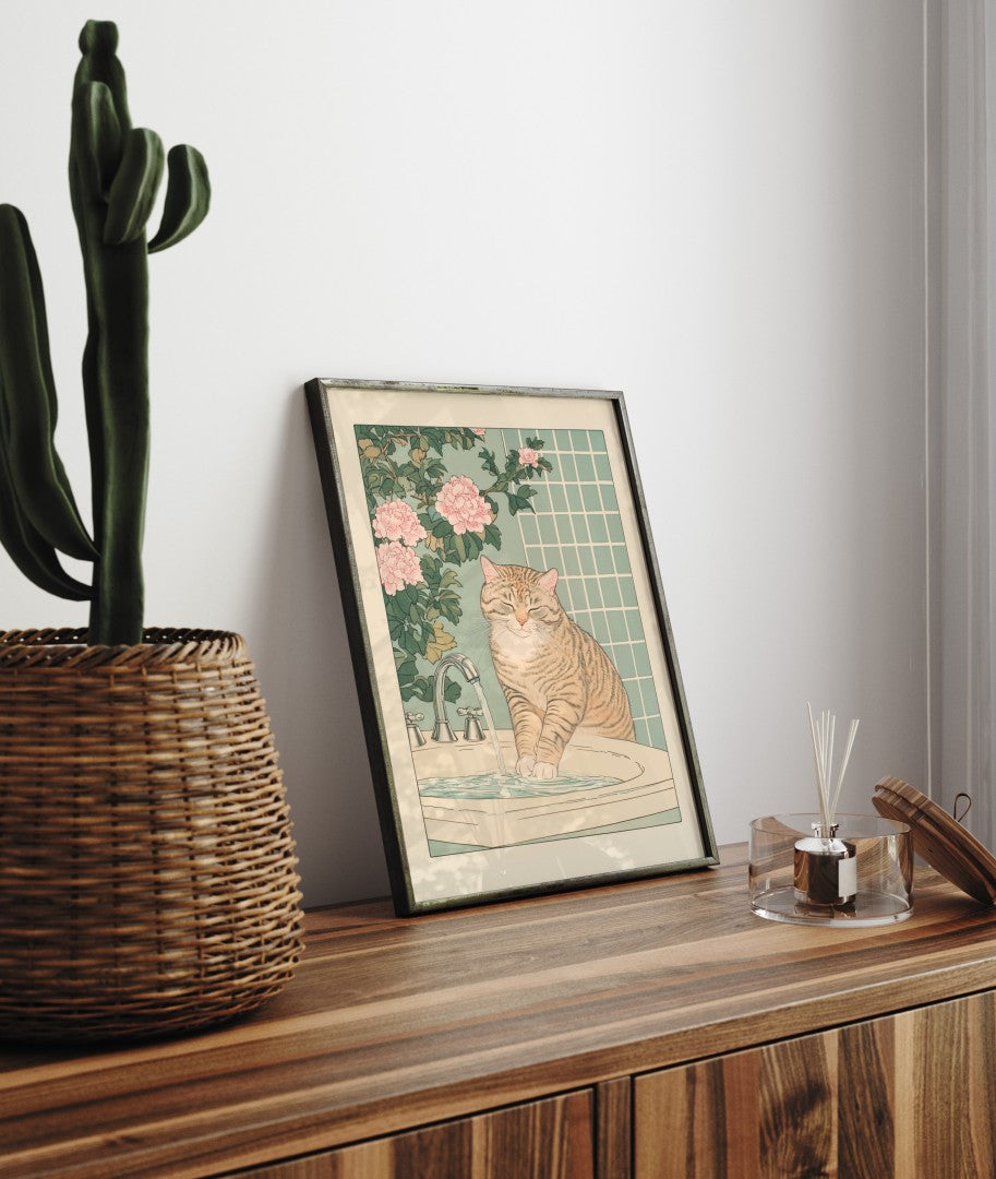 Japanese-style print of tabby cat at the sink washing it's paws