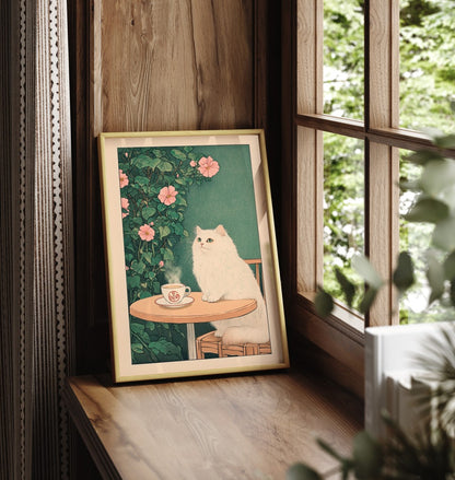 Framed artwork of a white cat with a teacup on a table by a window