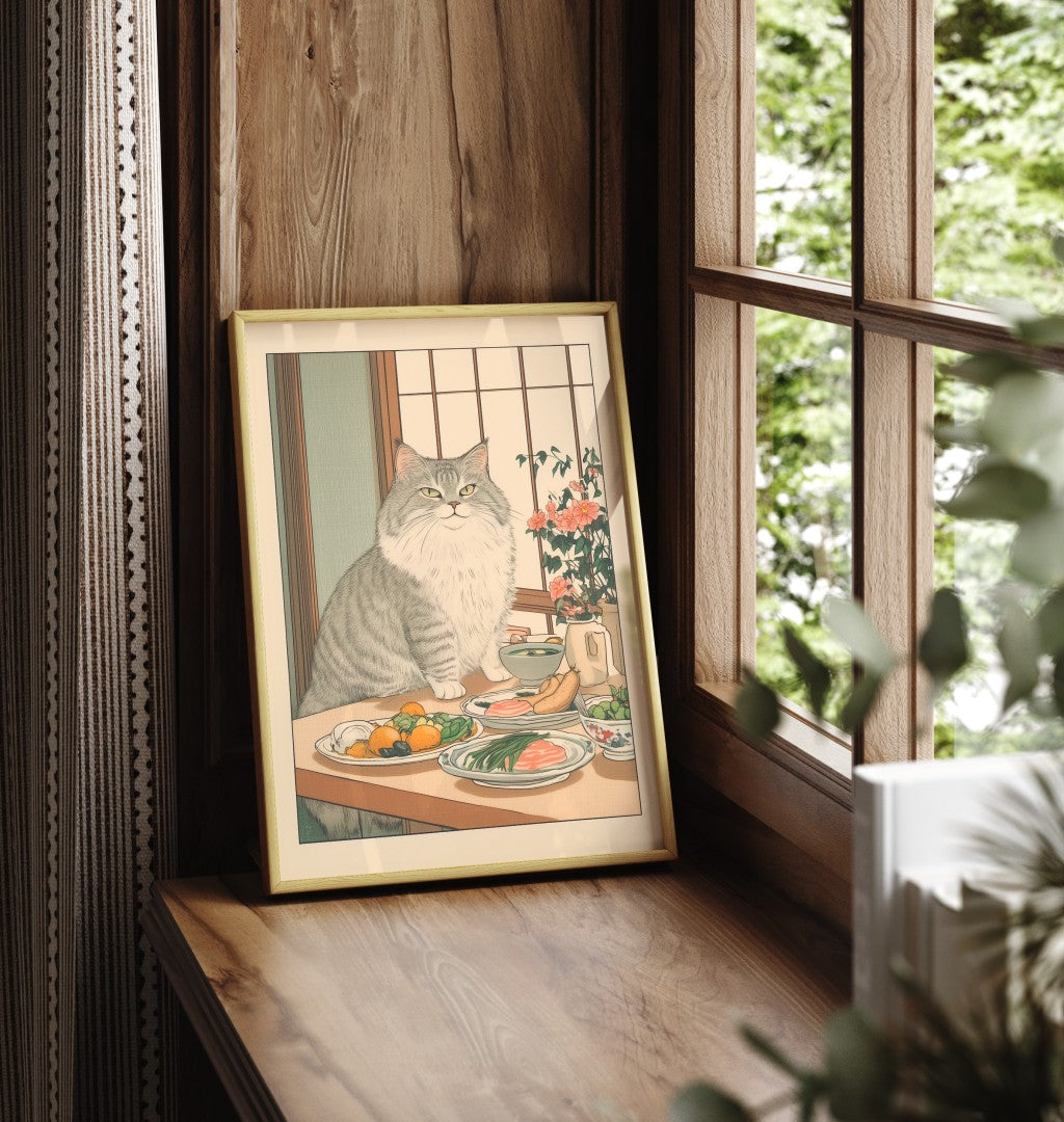 Framed wall art of a long-haired cat at the breakfast table