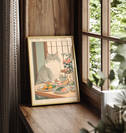 Framed wall art of a long-haired cat at the breakfast table