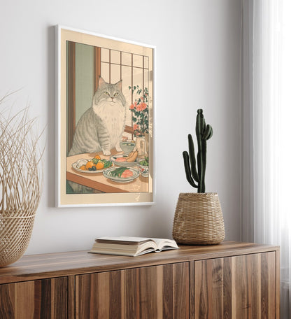 Japanese-style framed print with cat and colorful food dishes