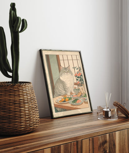 Grey cat sitting at a table with sushi, vegetables, and flowers
