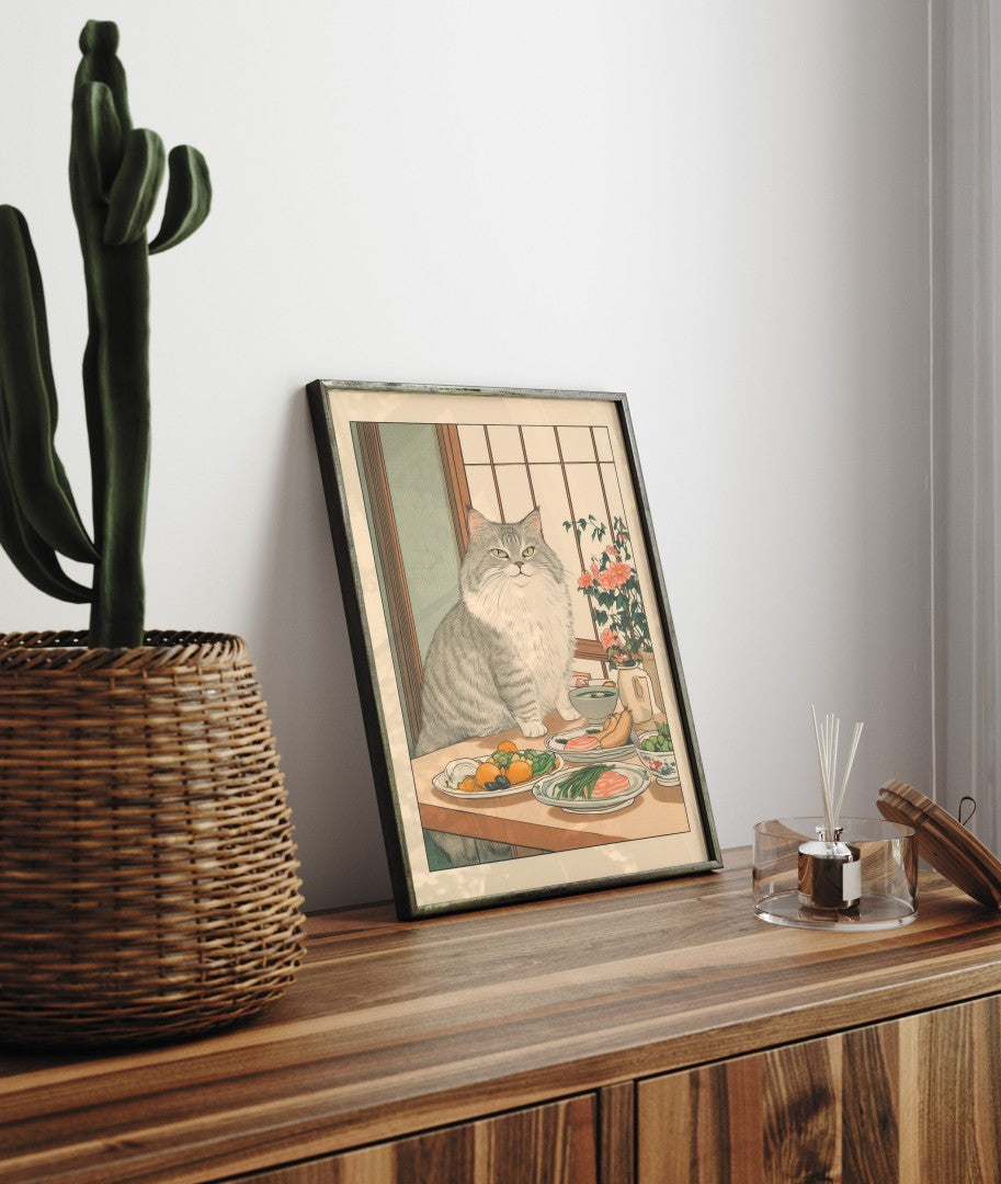 Grey cat sitting at a table with sushi, vegetables, and flowers