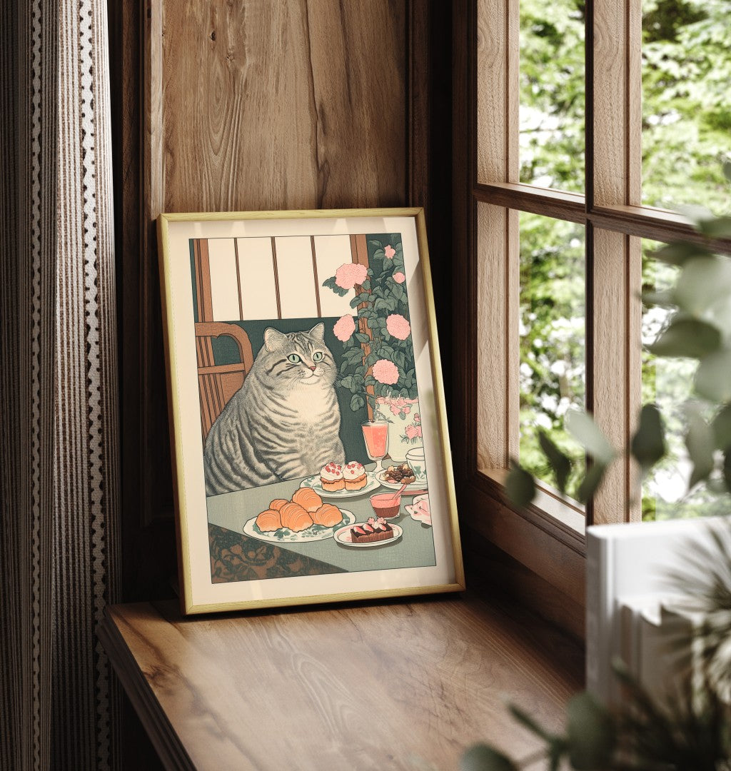 Framed wall art of cat enjoying a sweet spread with flowers