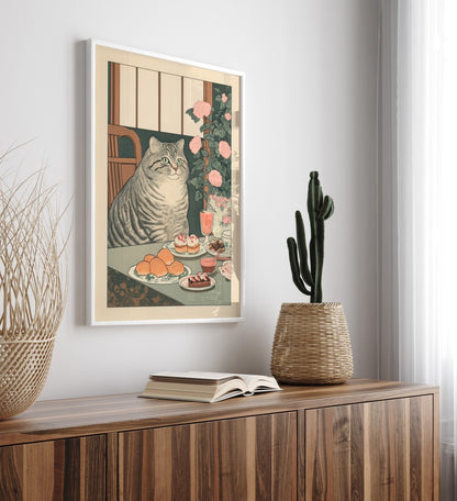 Japanese-style framed cat print with cakes, croissants, and a smoothie