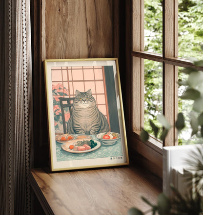 Framed wall art featuring a serious cat dining in Japanese style