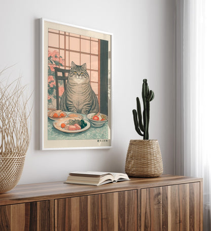 Japanese-inspired framed print of a cat sitting behind plates of food