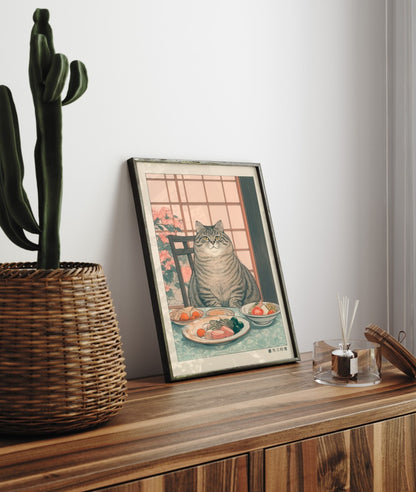 Cat sitting at a meal table with assorted dishes in a floral setting