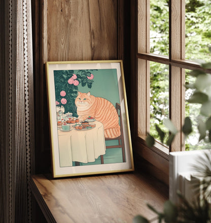 Framed cat art print with a chubby tabby enjoying desserts