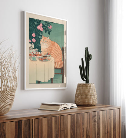 Japanese-style framed artwork of a cat at a tea party