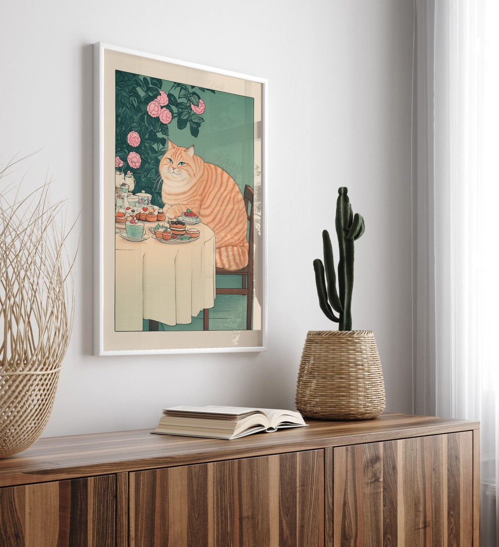 Japanese-style framed artwork of a cat at a tea party