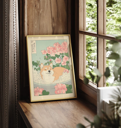 Happy Shiba dog soaking in tub surrounded by flowers (framed art)