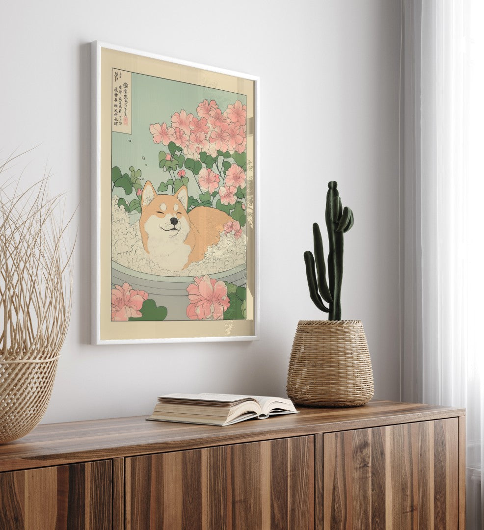 Relaxed Shiba Inu bathing in floral setting, decorative framed artwork