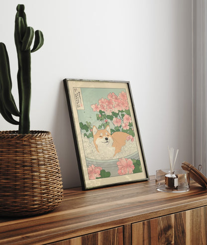Framed bathroom art with Shiba Inu in foam and pink blooms