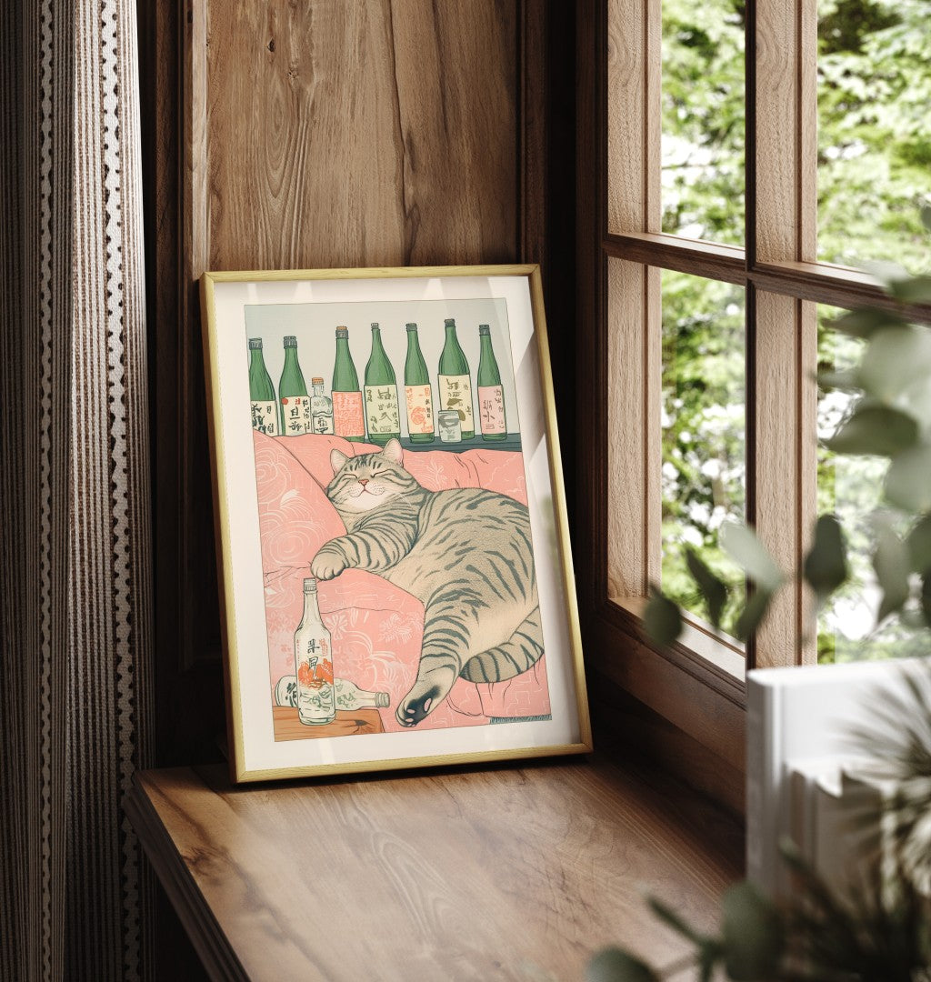 Humorous framed wall art of a cat sleeping off a party